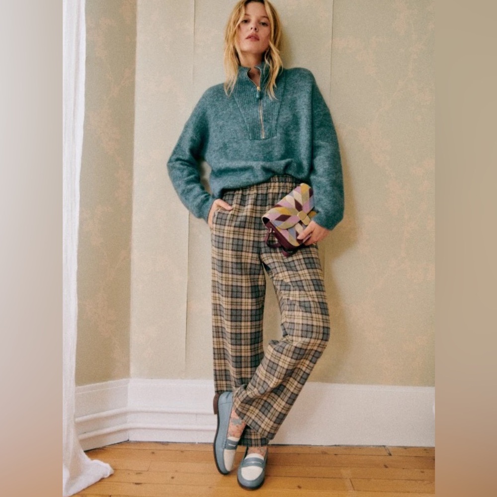 Sezane Joey brown blue paid check trouser pants